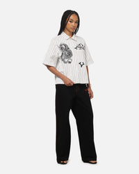 Ed Hardy Euro Short Sleeve Button Up Shirt White Pinstripe