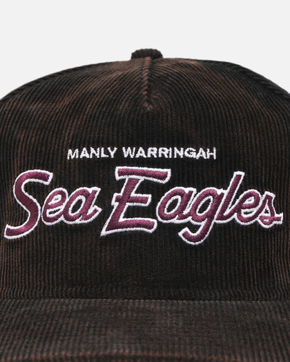 New Era Manly Warringah Sea Eagles 'NRL Golfer Washed Black' Pre-Curved Corduroy Golfer Snapback Washed Black