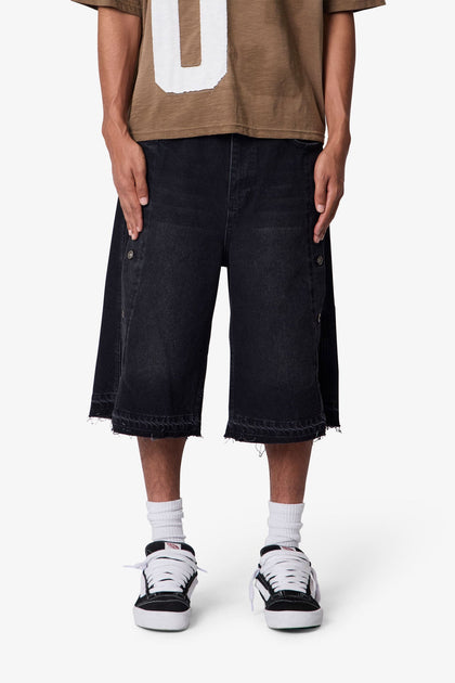MNML Ultra Offset Button Denim Shorts Black