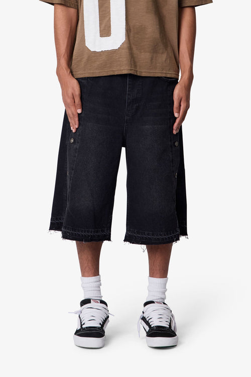 MNML Ultra Offset Button Denim Shorts Black