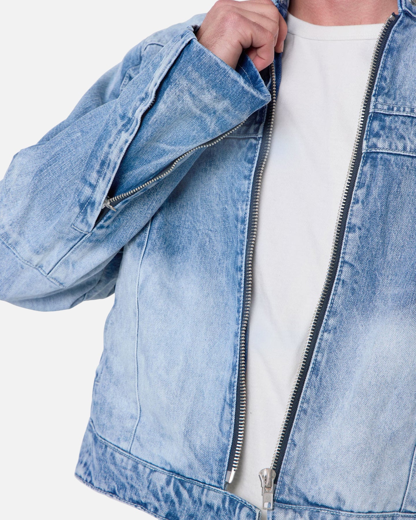 MNML Panelled Moto Denim Jacket Washed Blue | Culture Kings US