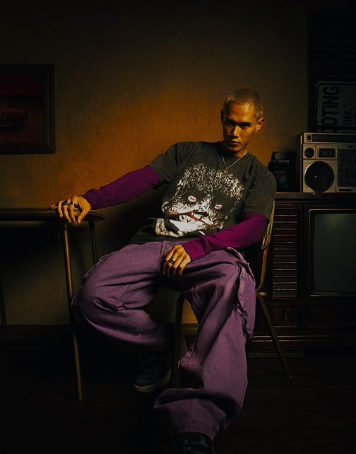 Model wearing goat crew clothing