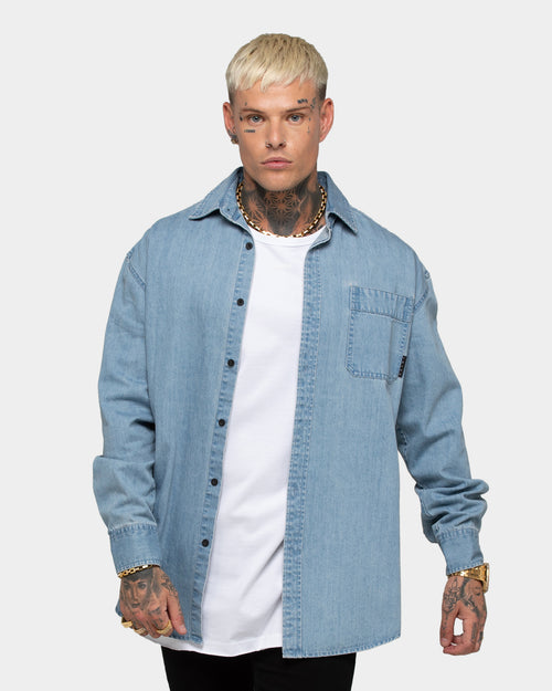 Saint Morta Men's Vamos Long Sleeve Denim Button Up Shirt Blue Stonewash
