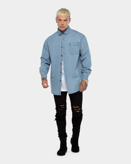 Saint Morta Men's Vamos Long Sleeve Denim Button Up Shirt Blue Stonewash