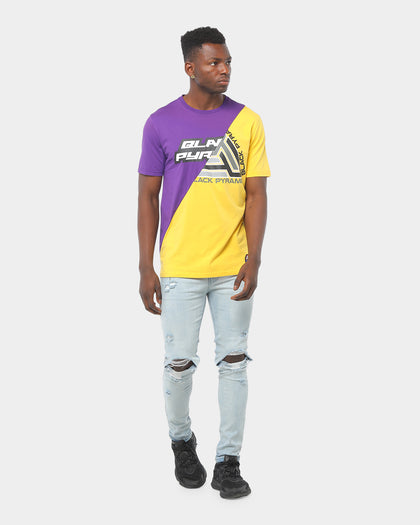 Black Pyramid Split Zig Zag Stitch T-Shirt Purple/Yellow