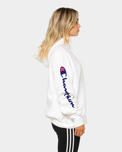 Champion Men's Rev Weave OS Flock Script Hoodie White