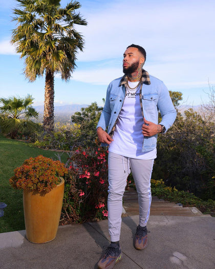 Saint Morta Men's Tartan Sherpa Denim Jacket Light Blue/Tan