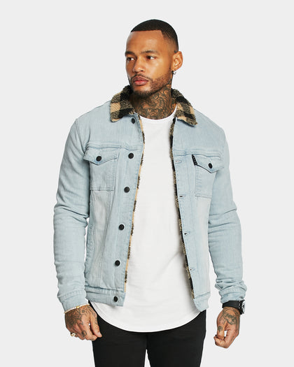Saint Morta Men's Tartan Sherpa Denim Jacket Light Blue/Tan