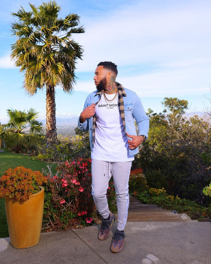 Saint Morta Men's Tartan Sherpa Denim Jacket Light Blue/Tan