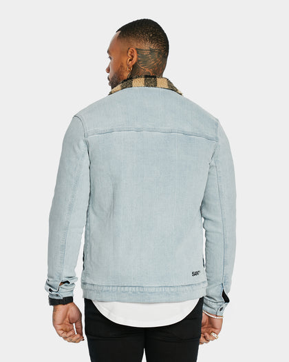 Saint Morta Men's Tartan Sherpa Denim Jacket Light Blue/Tan
