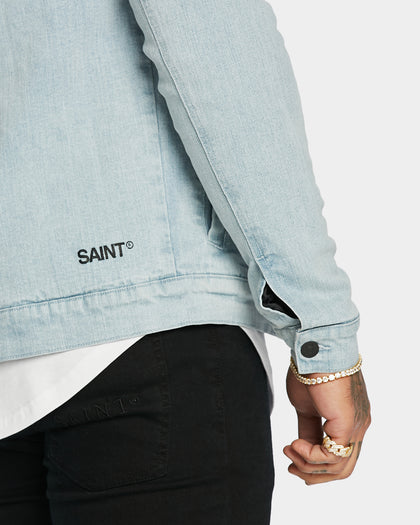 Saint Morta Men's Tartan Sherpa Denim Jacket Light Blue/Tan