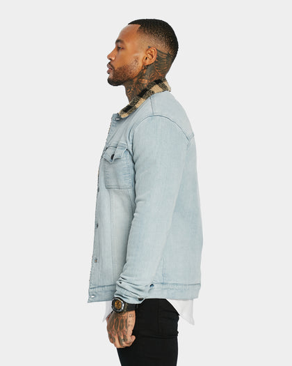 Saint Morta Men's Tartan Sherpa Denim Jacket Light Blue/Tan
