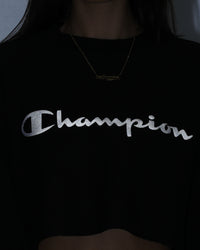 Champion Women's React Rev Weave Script Crop Crew Black
