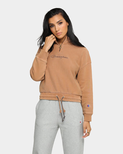 Champion Women's Rev Weave Garment Dye Quarter Zip Pullover Burnt Caramel