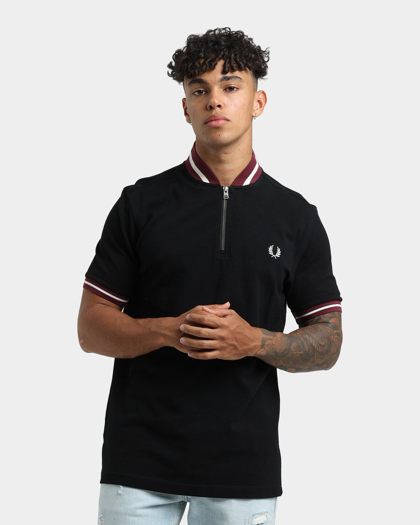 Fred Perry Striped Bomber Neck Polo Shirt Black | Culture Kings US