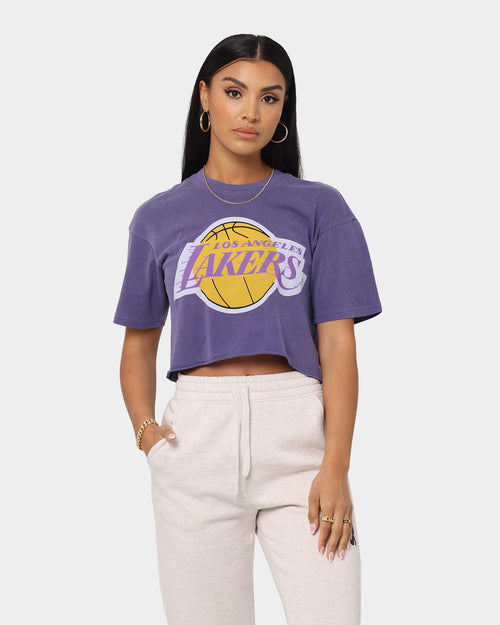 Mitchell & Ness Women's Los Angeles Lakers Play Clock Crop T-Shirt Purple