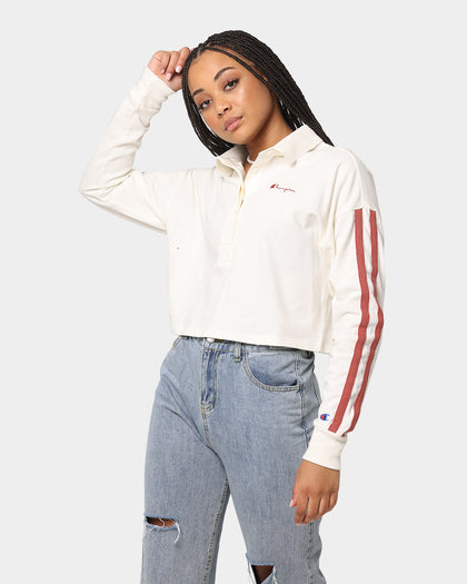 Champion Women's Lifestyle 2 Stripe Rugby Polo Shirt Chalk White