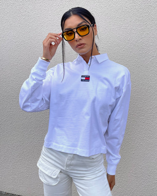 Tommy Jeans Women's Badge Polo Long Sleeve Shirt White
