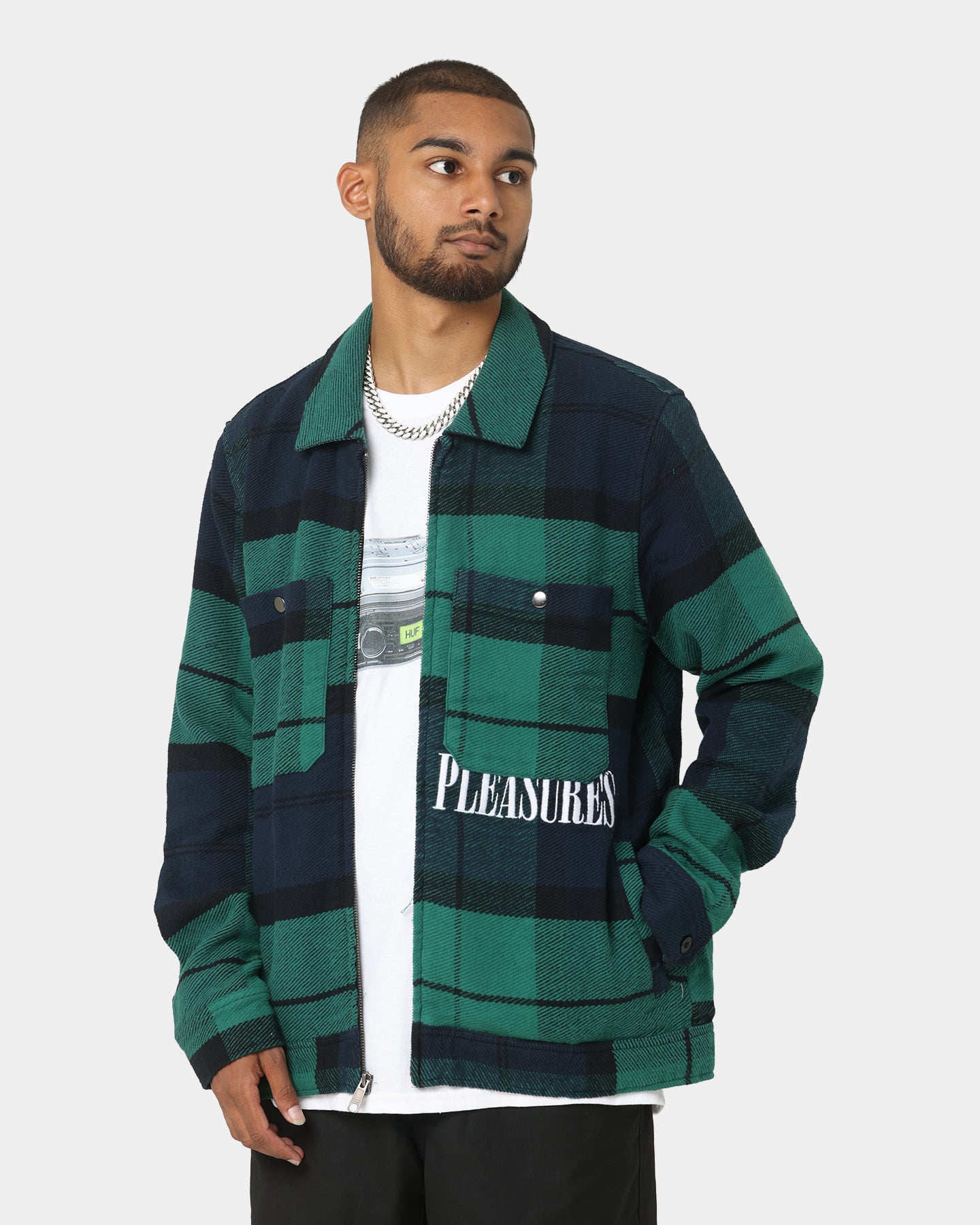 HUF X Pleasures Blackwatch Work Jacket Navy | Culture Kings US