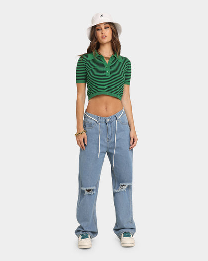 XXIII Women's Nora Stripe Crop Polo Green/Black