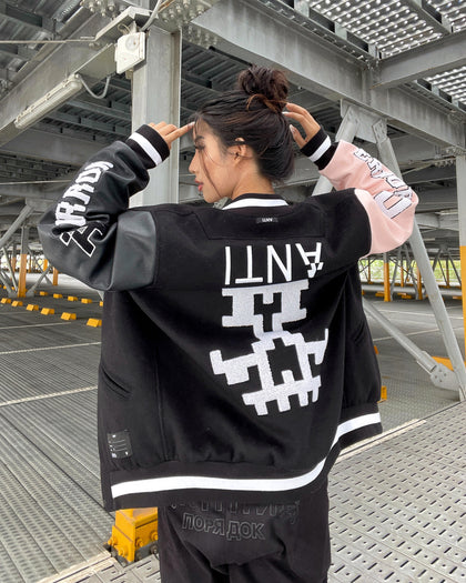 The Anti Order Dead Pixel Leather Varsity Jacket Black/Pink