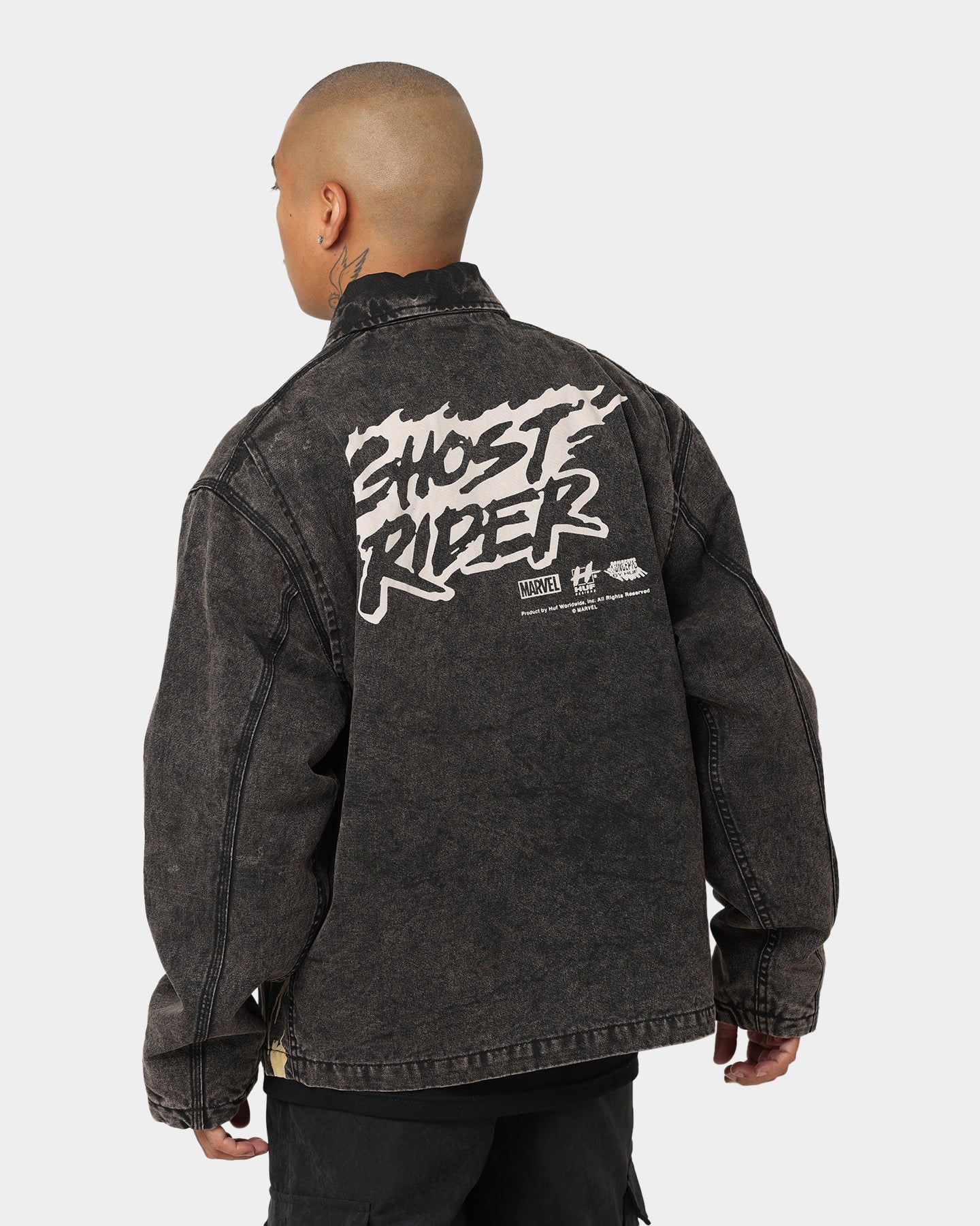 HUF MARVELコラボ デニムジャケット　ゴーストライダー　M マーベル HUF X Marvel Ghost Rider Work Jacket Washed Black | Culture Kings US