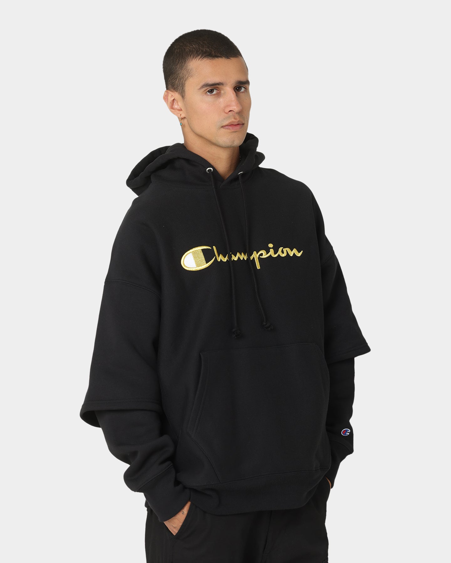 Champion Reverse Weave Double Layer Hoodie Black/Gold | Culture