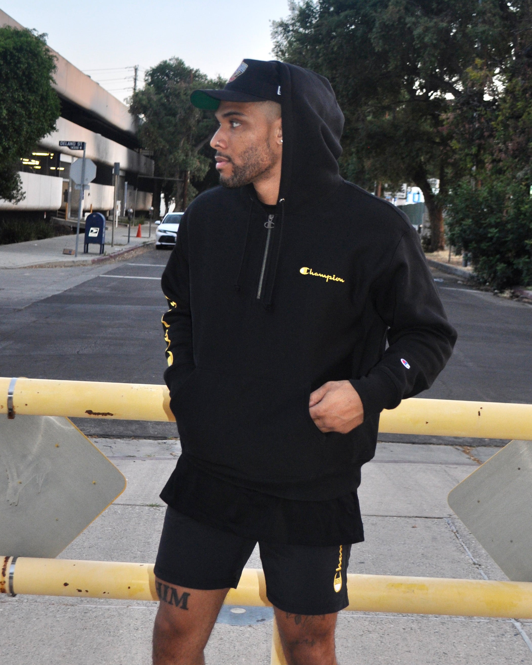 Champion Reverse Weave Quarter Zip Hoodie Black/Gold | Culture
