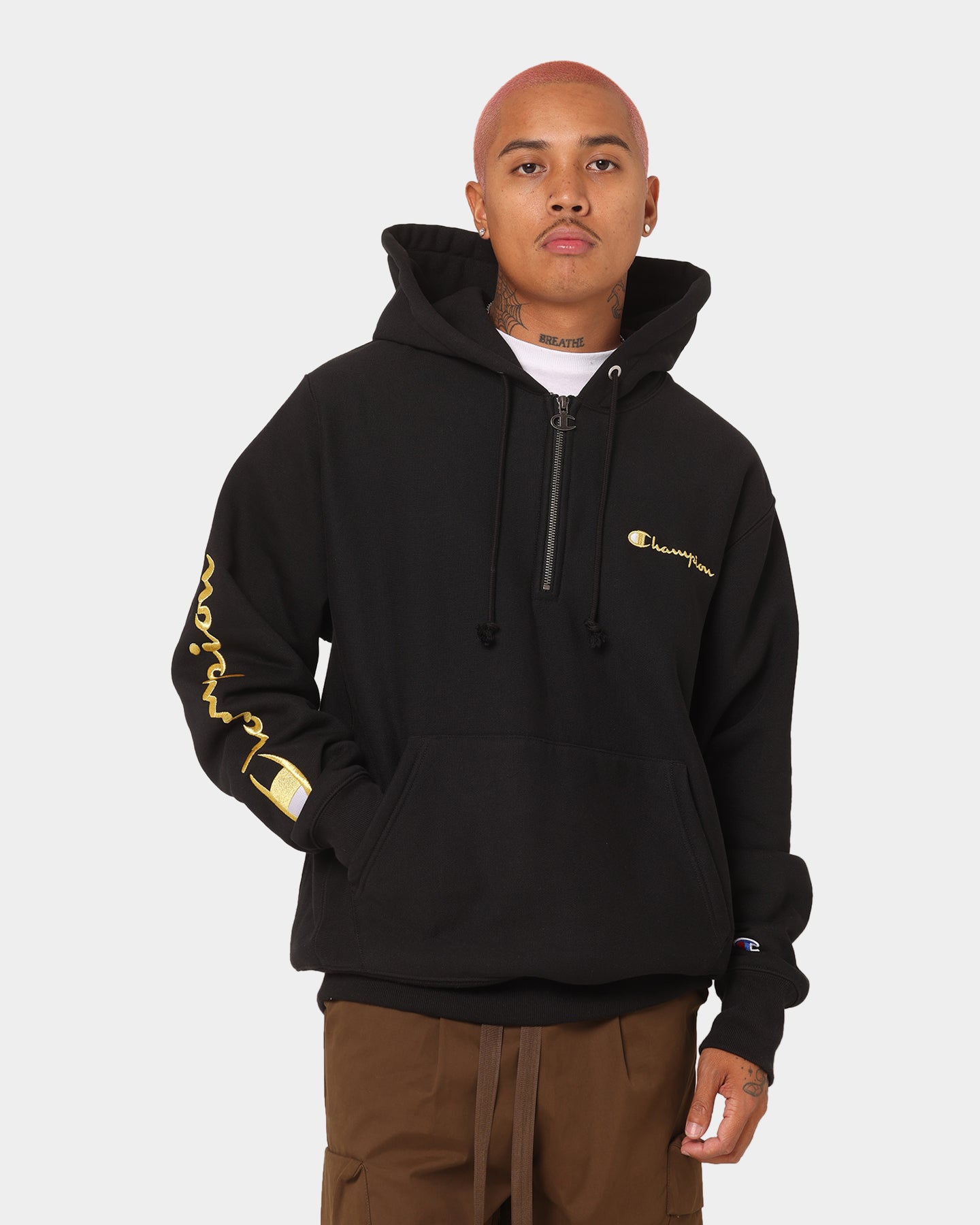 Champion Reverse Weave Quarter Zip Hoodie Black/Gold | Culture