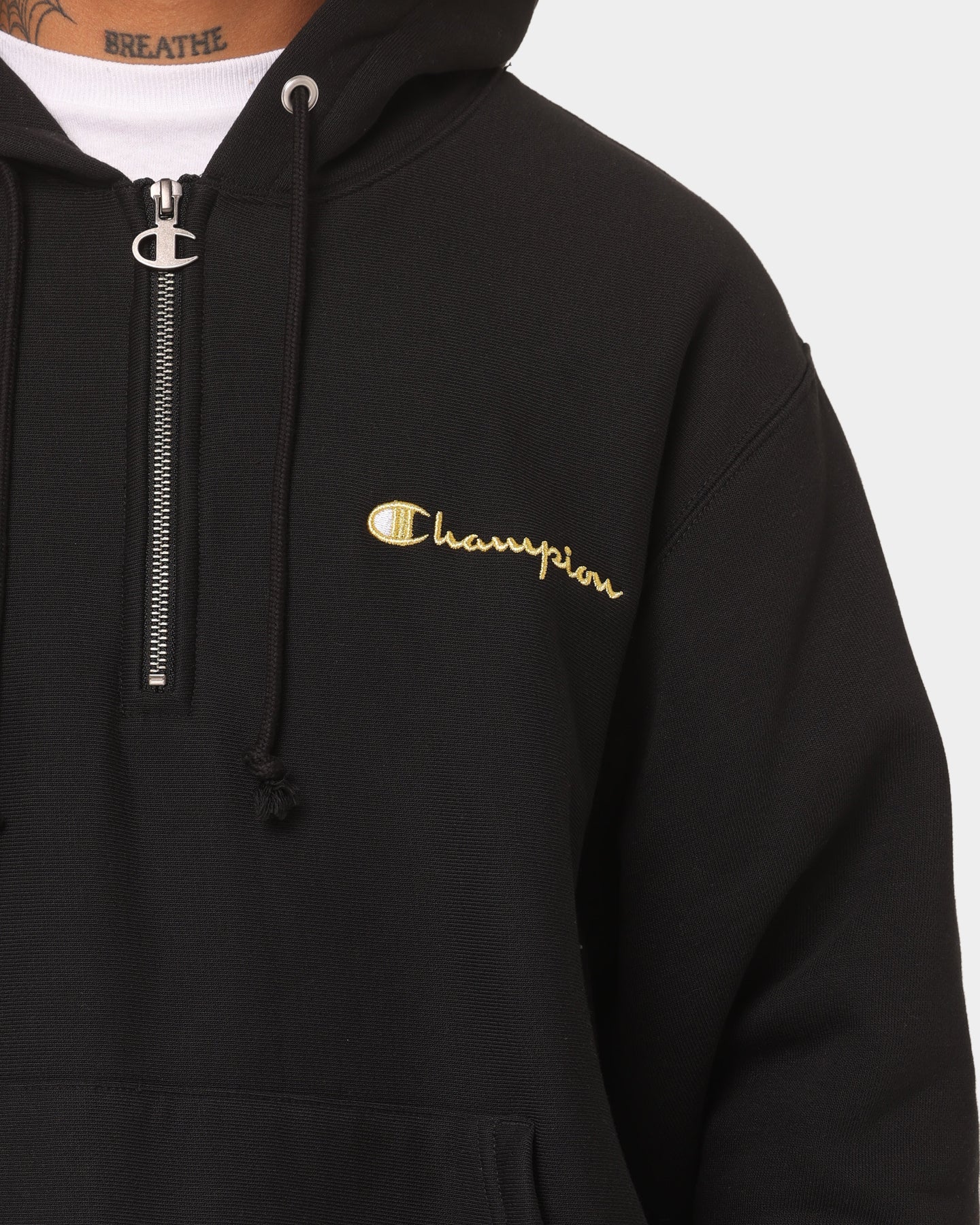Champion Reverse Weave Quarter Zip Hoodie Black/Gold | Culture