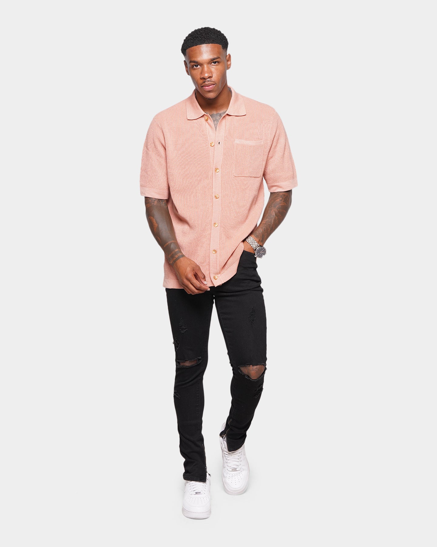 XXIII Zyair Knit Rib Button Up T-Shirt Dusty Pink | Culture Kings US