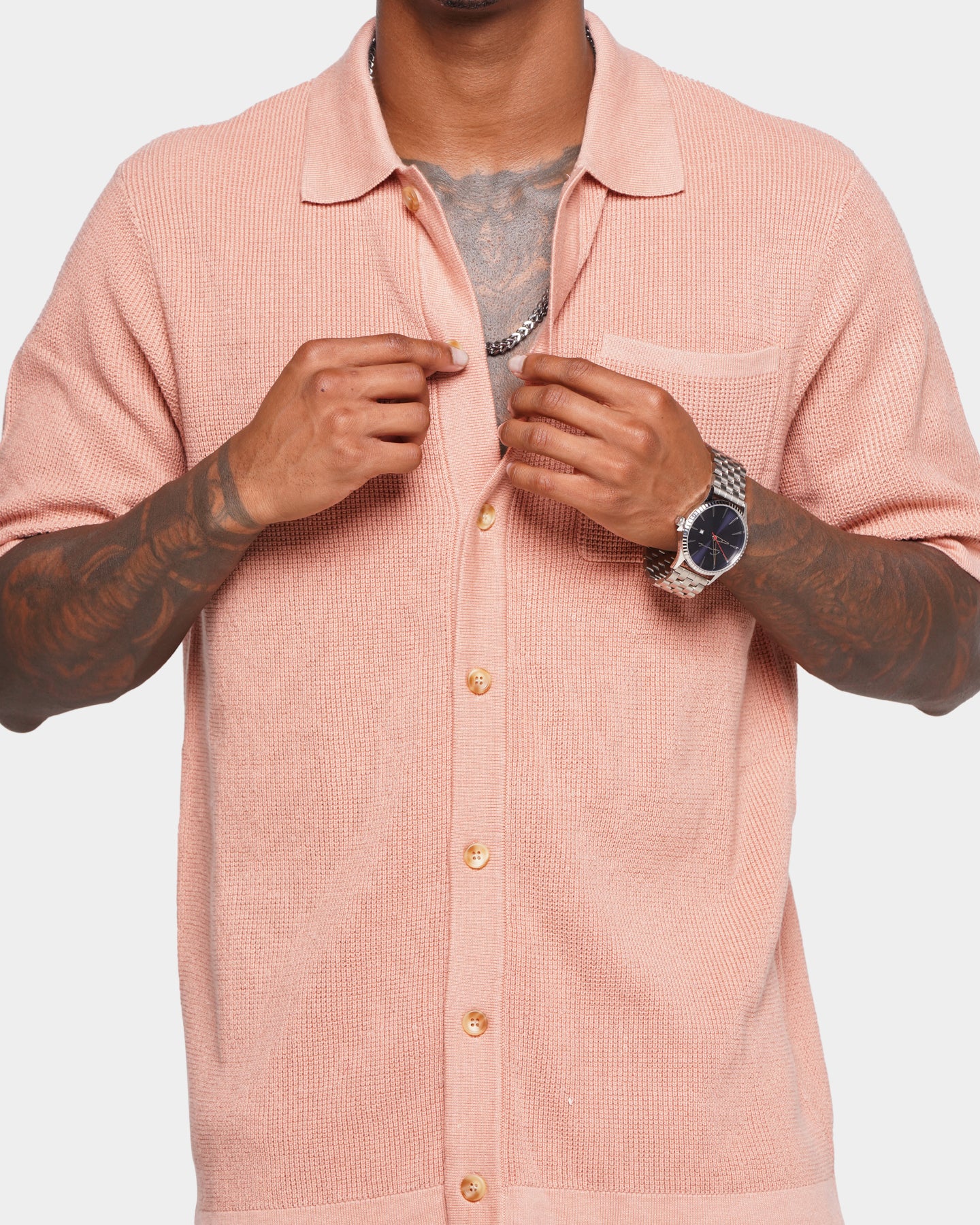 XXIII Zyair Knit Rib Button Up T-Shirt Dusty Pink | Culture Kings US