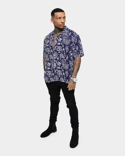 Saint Morta Paisley Skulls Short Sleeve Button Up Shirt Navy/White