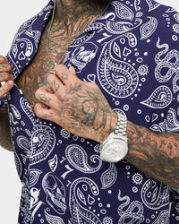 Saint Morta Paisley Skulls Short Sleeve Button Up Shirt Navy/White