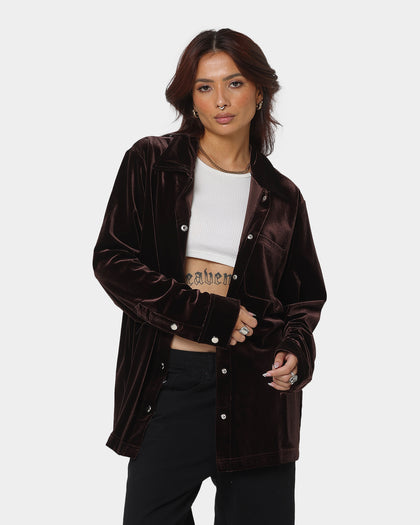 XXIII Uzair Velour Button Up Shirt Chocolate