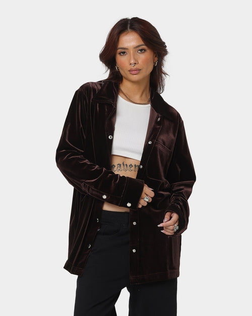 XXIII Uzair Velour Button Up Shirt Chocolate