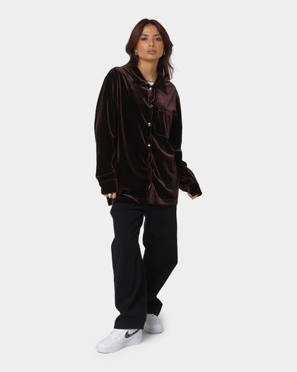 XXIII Uzair Velour Button Up Shirt Chocolate