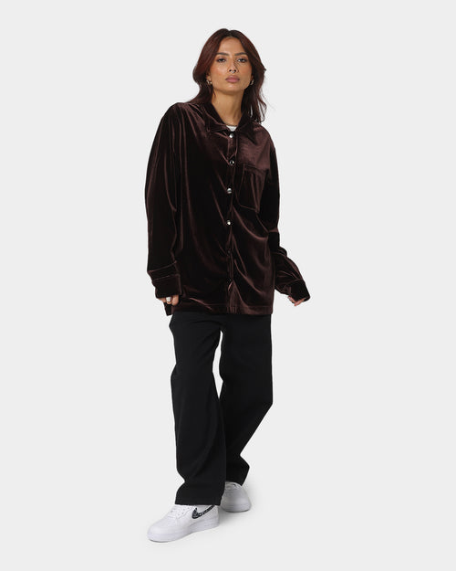 XXIII Uzair Velour Button Up Shirt Chocolate