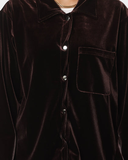 XXIII Uzair Velour Button Up Shirt Chocolate