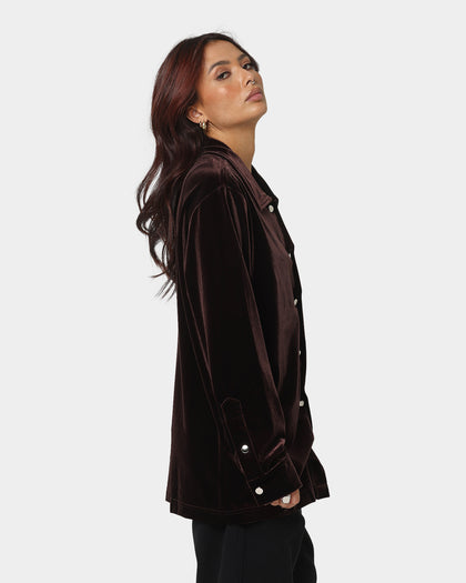XXIII Uzair Velour Button Up Shirt Chocolate