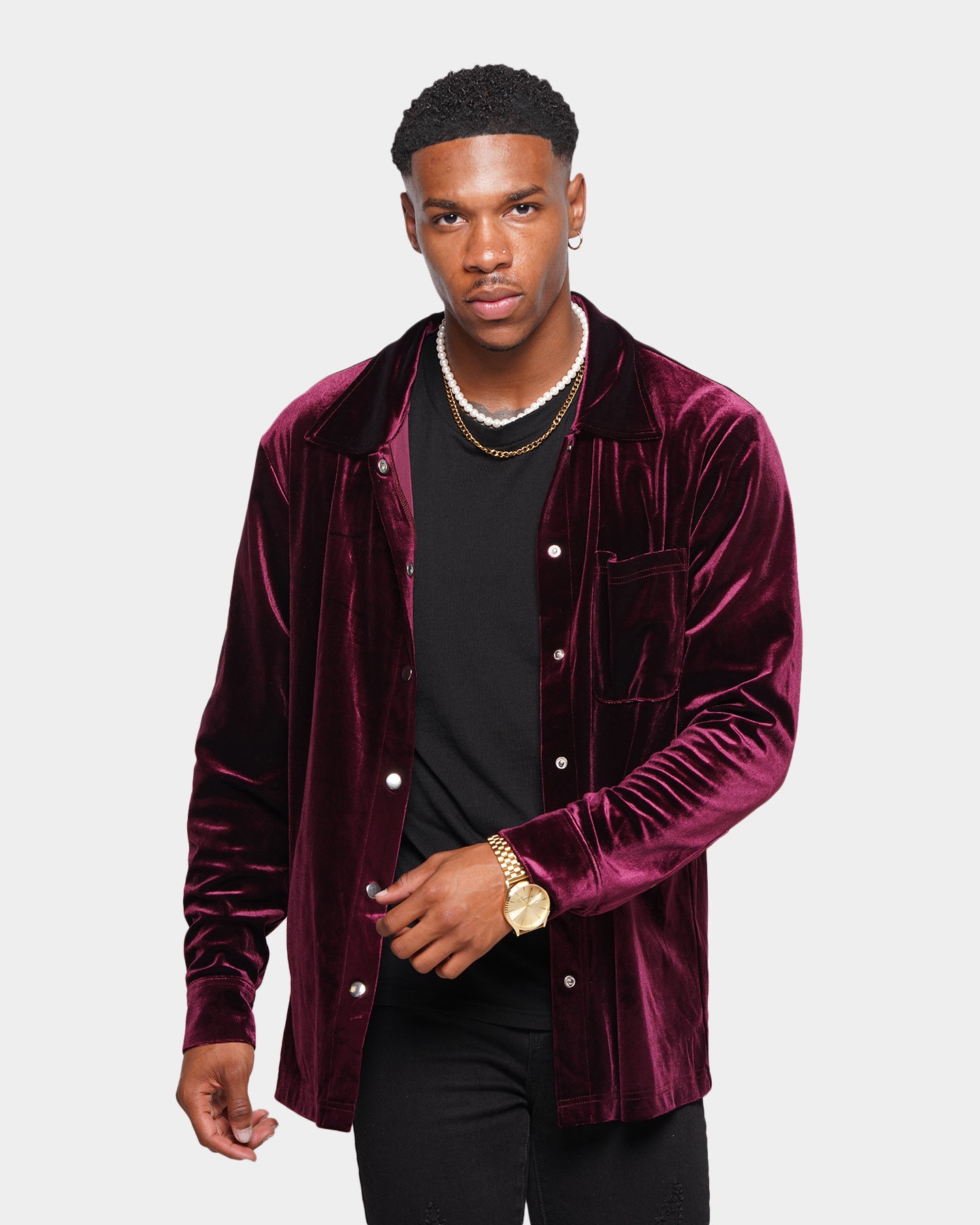 XXIII Uzair Velour Button Up Shirt Burgundy | Culture Kings US