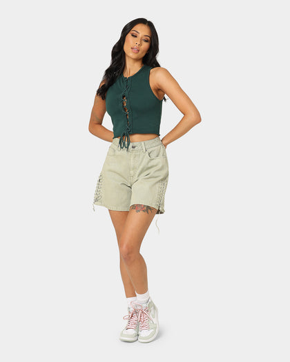 EN ES Women's Reny Lace Up Crop Top Deep Teal