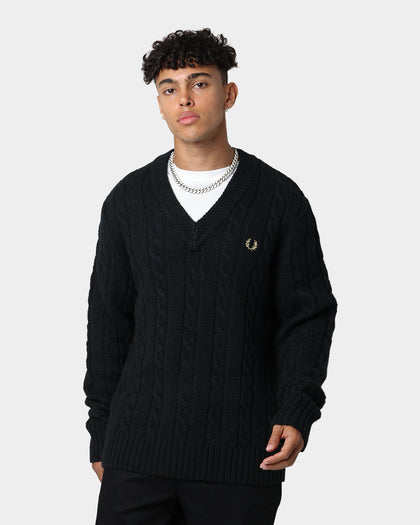 Fred Perry Cable Knit V Neck Jumper Black