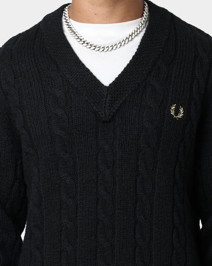 Fred Perry Cable Knit V Neck Jumper Black