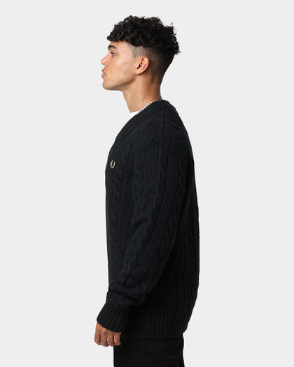 Fred Perry Cable Knit V Neck Jumper Black