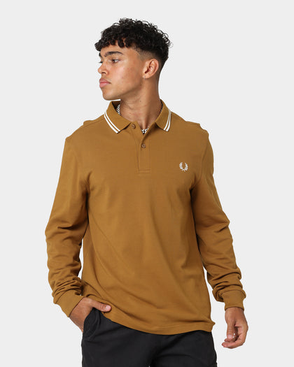 Fred Perry Long Sleeve Twin Tipped Polo Shirt Dark Caramel