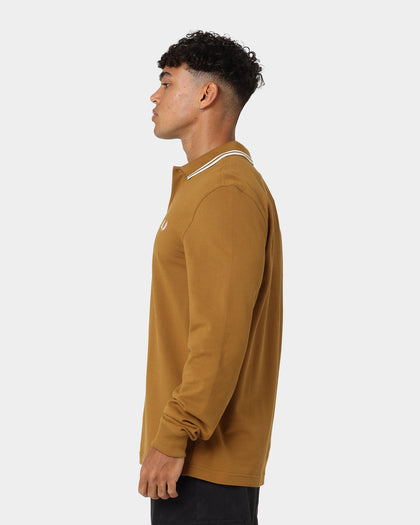 Fred Perry Long Sleeve Twin Tipped Polo Shirt Dark Caramel