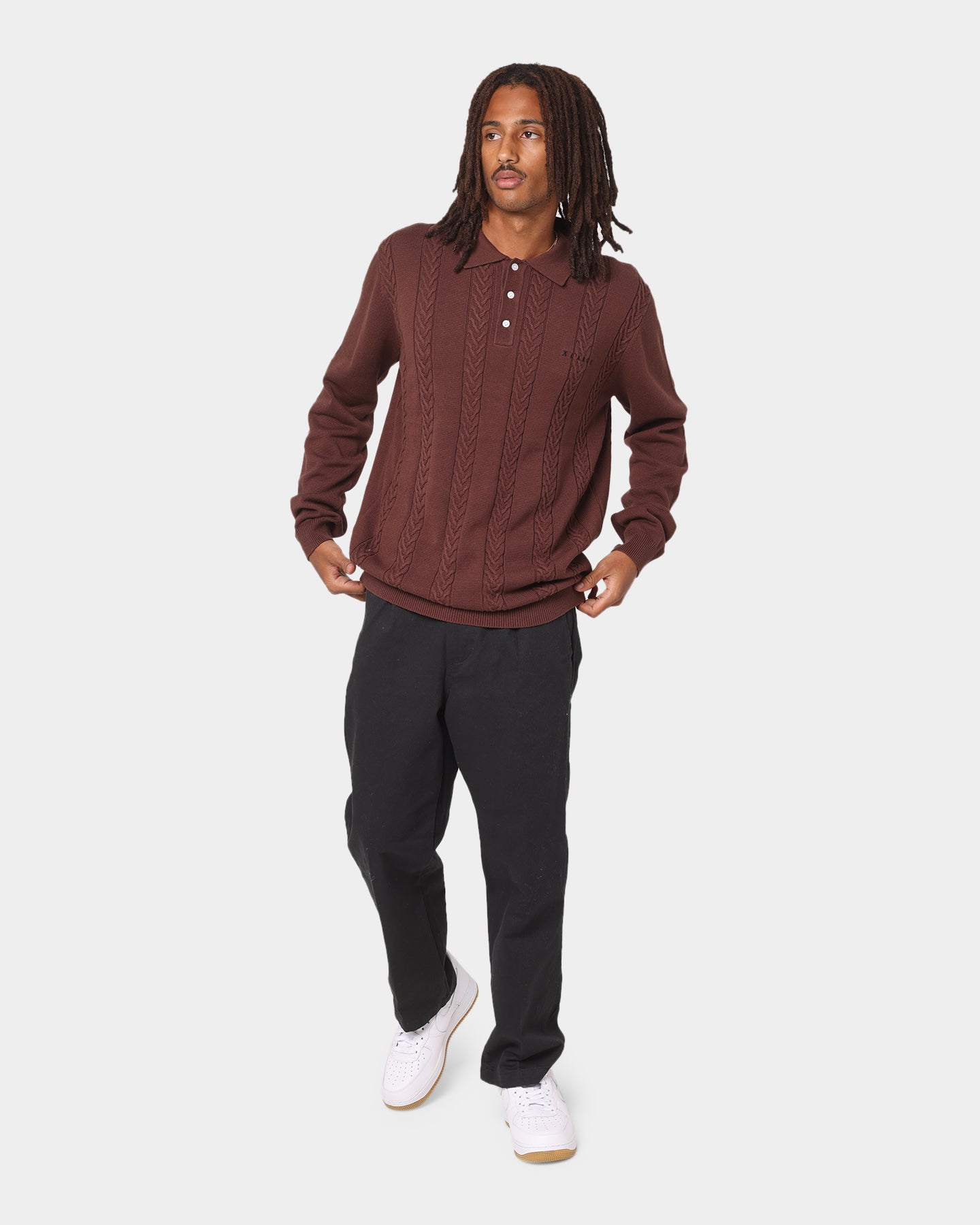 X Large Cable Knit Long Sleeve Polo Shirt Brown | Culture Kings US