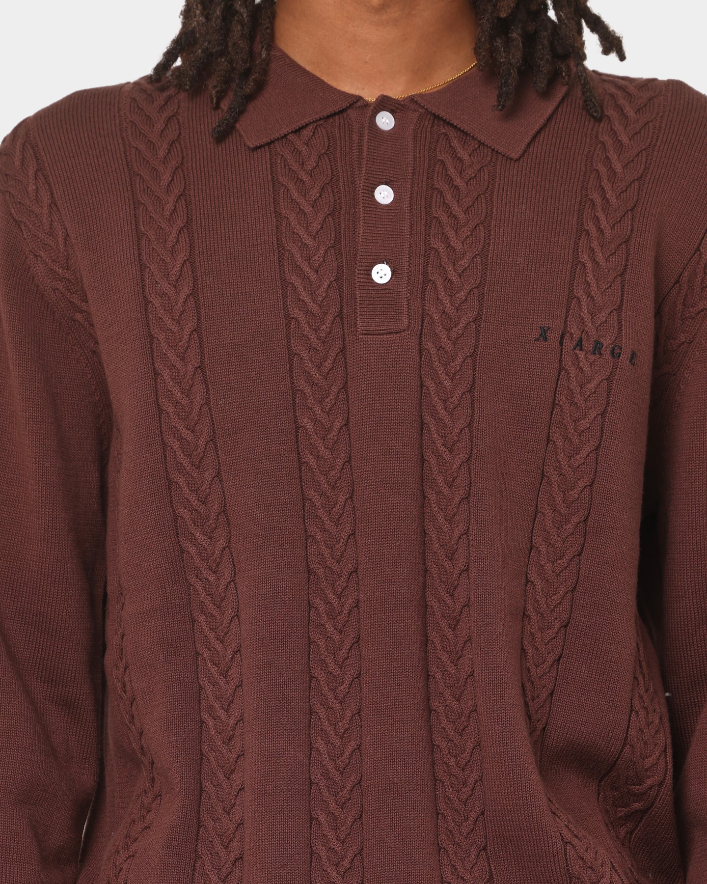 X Large Cable Knit Long Sleeve Polo Shirt Brown | Culture Kings US