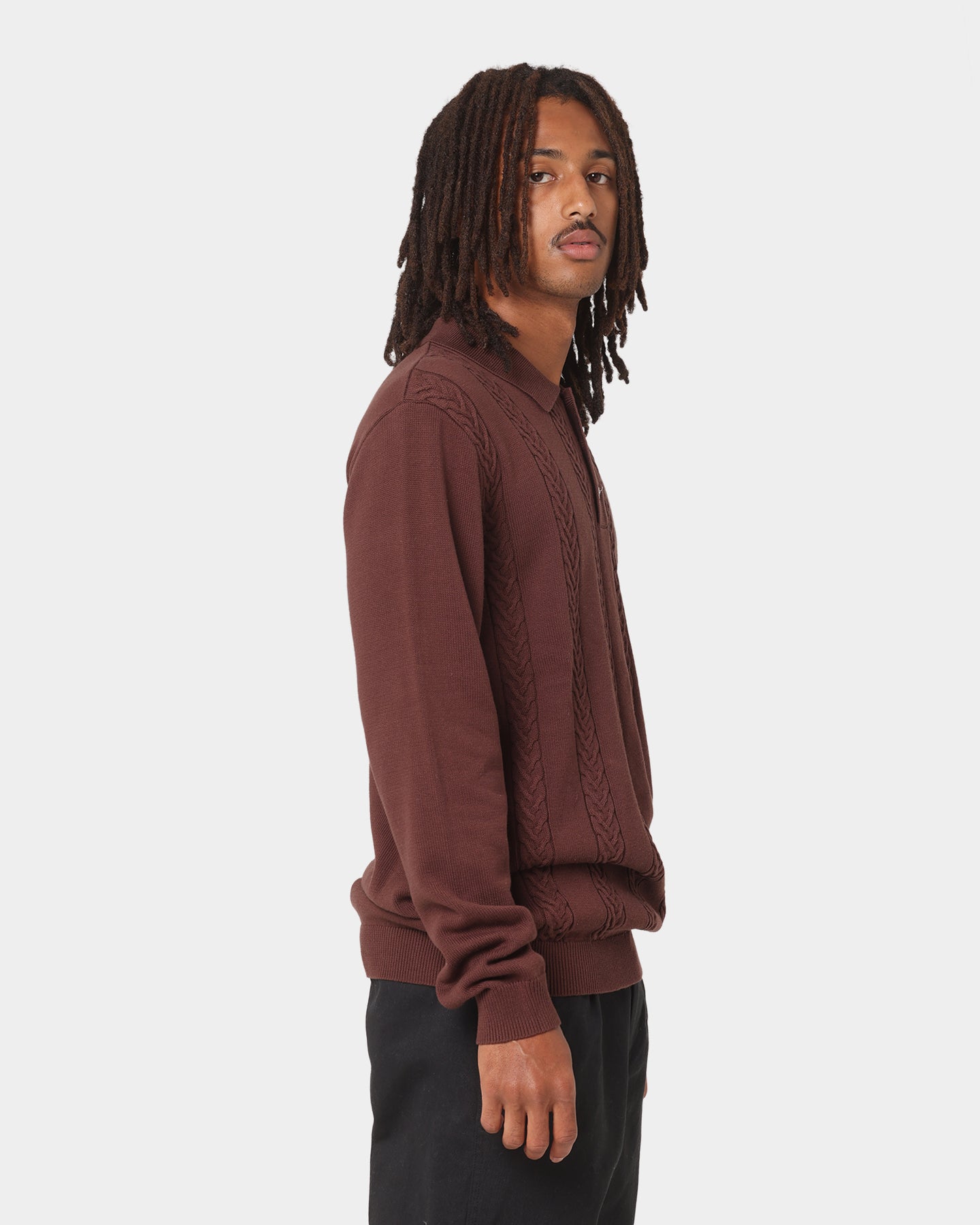 X Large Cable Knit Long Sleeve Polo Shirt Brown | Culture Kings US